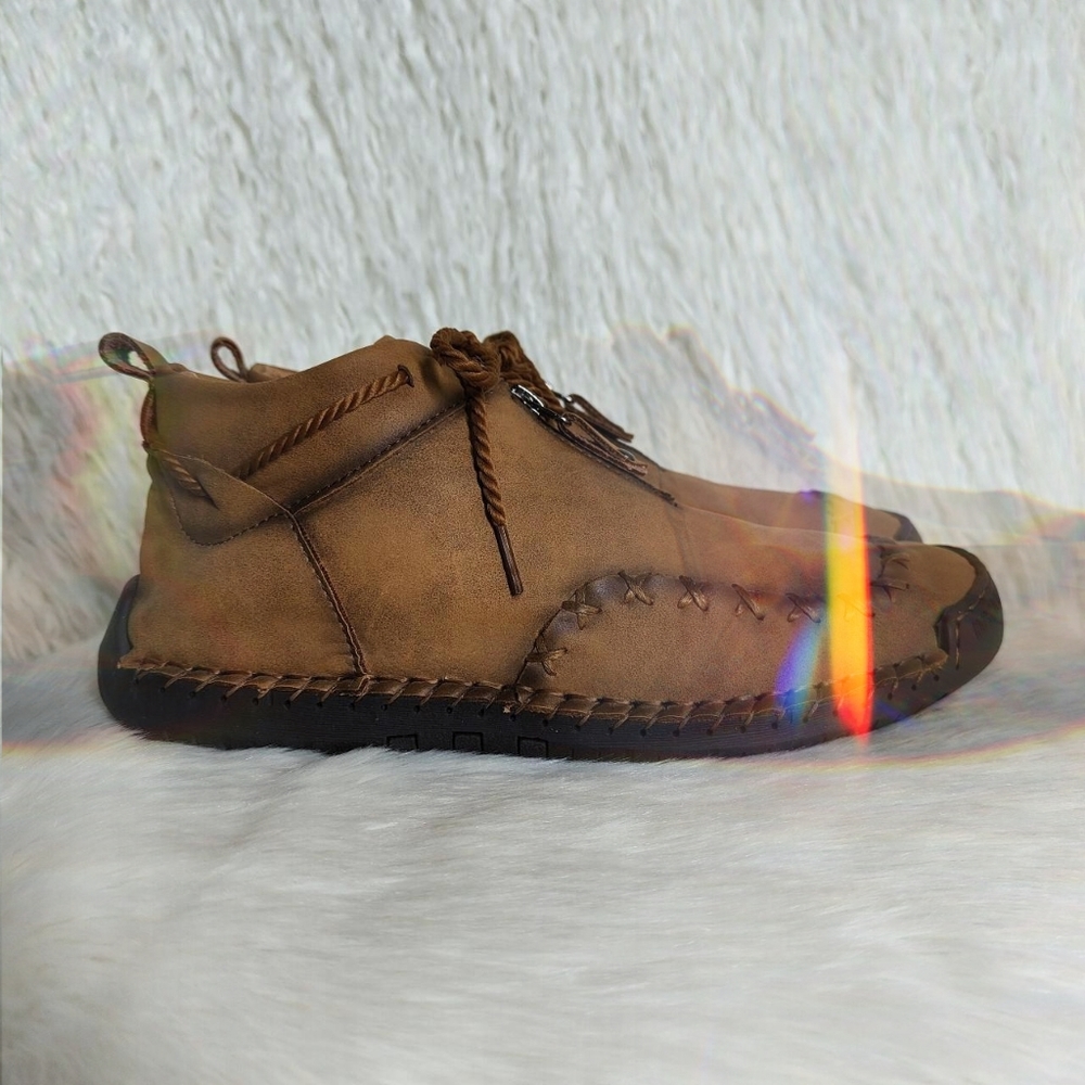 Menico Tan Faux Leather Earth Stitch Zipper Ankle Boots